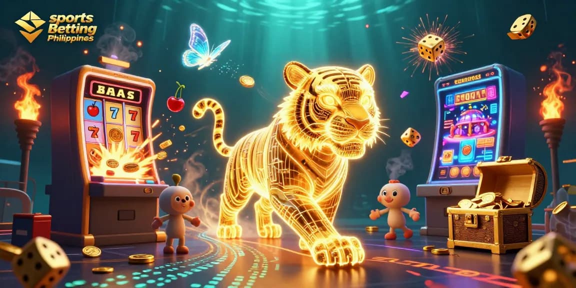 Engage in sports betting Philippines with our vibrant 3D casino scene depicting a tiger, slot machines, and more.