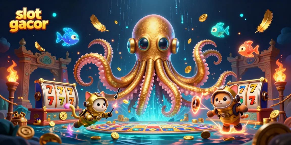 Spin the reels with slot gacor as a kraken emerges from ocean treasures in a lively casino scene.
