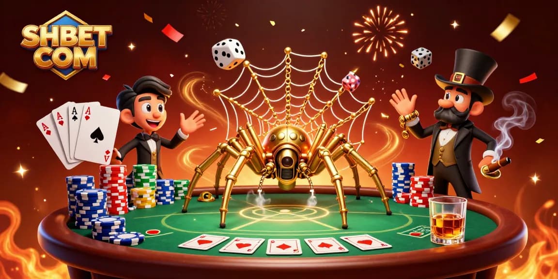 Experience the thrill of SHBET COM with an intricate steampunk spider illustration catching dice!