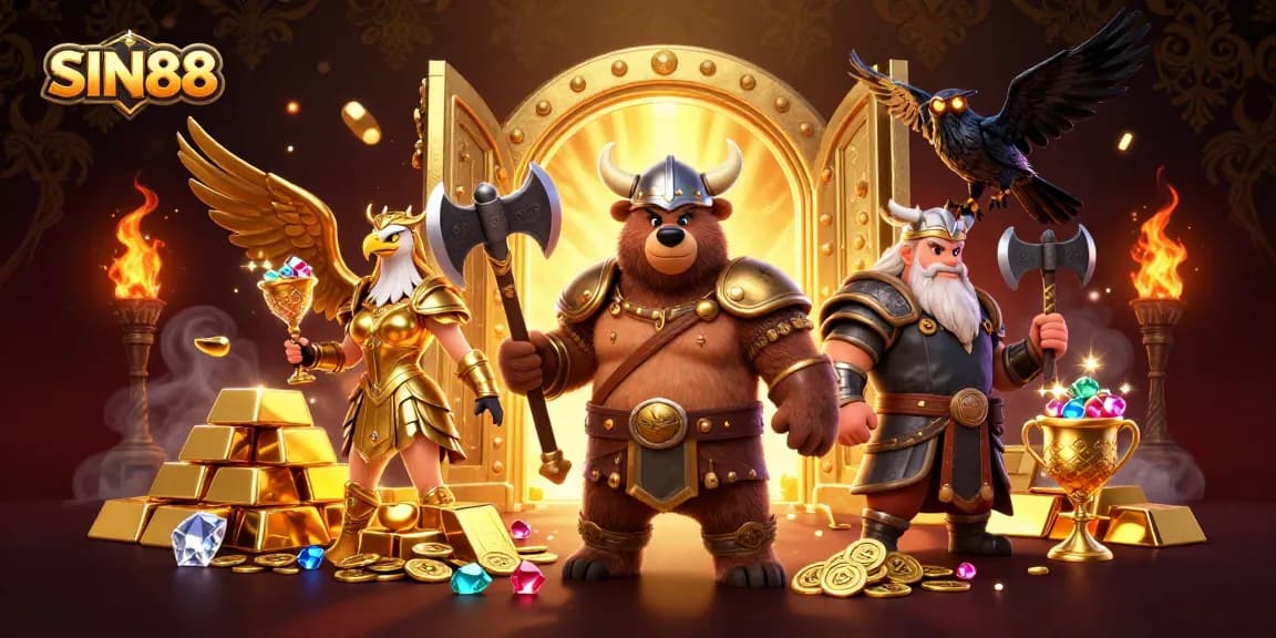 SIN88 showcases a Viking berserker and Valkyrie eagle amidst treasure in a vibrant casino scene.