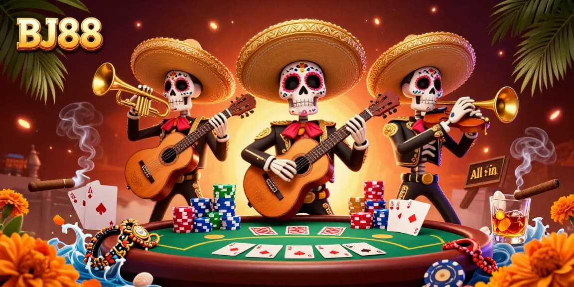 Experience excitement at BJ88 with vibrant mariachi skeletons at a poker table.