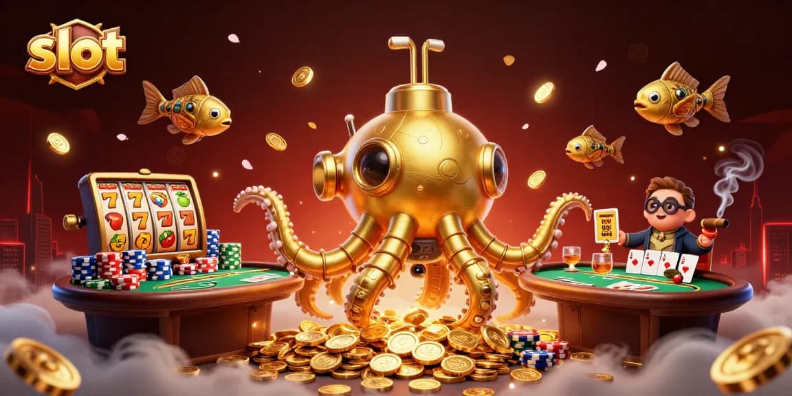 Experience the excitement of slot gaming with our dynamic illustrated scene featuring a golden kraken and vibrant casino elements.