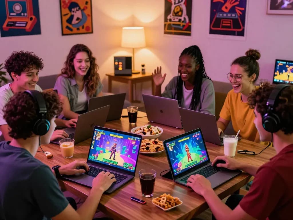 Engaging group of friends enjoying porngames in a cozy setting with laptops and colorful game graphics.