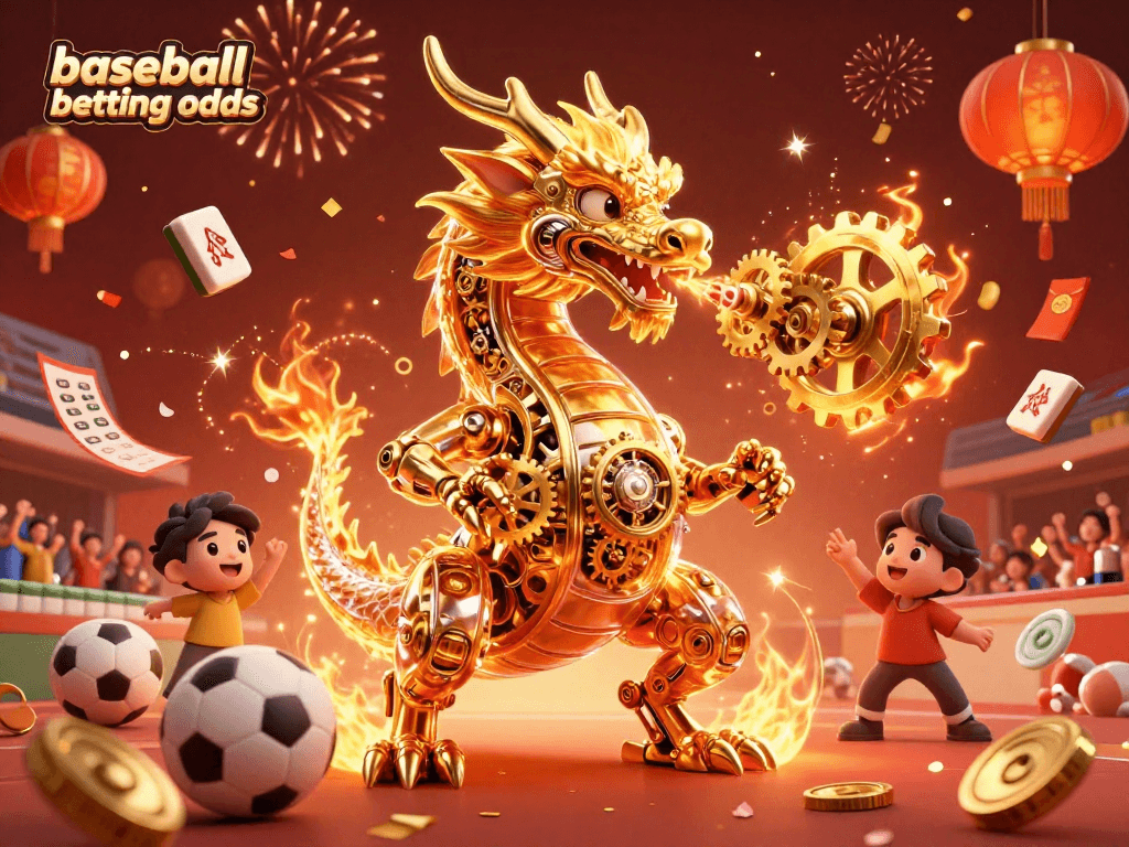 Exciting baseball betting odds display with a vibrant fantasy scene featuring a golden dragon and sports elements.