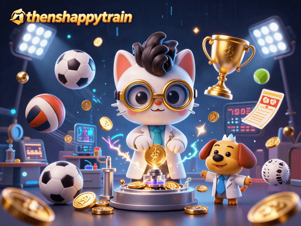 Athenshappytrain features a mad scientist cat and lab assistant dog in an exuberant casino sports scene