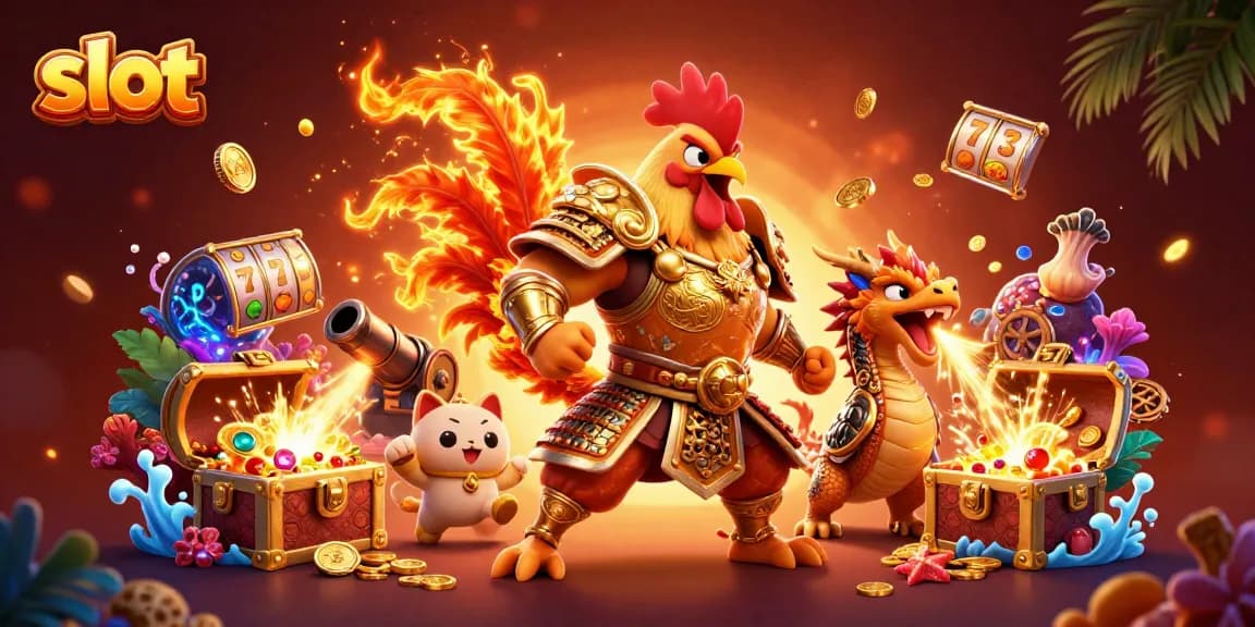 Spin the slot reels among vibrant treasures with a warrior rooster in an energetic casino scene.