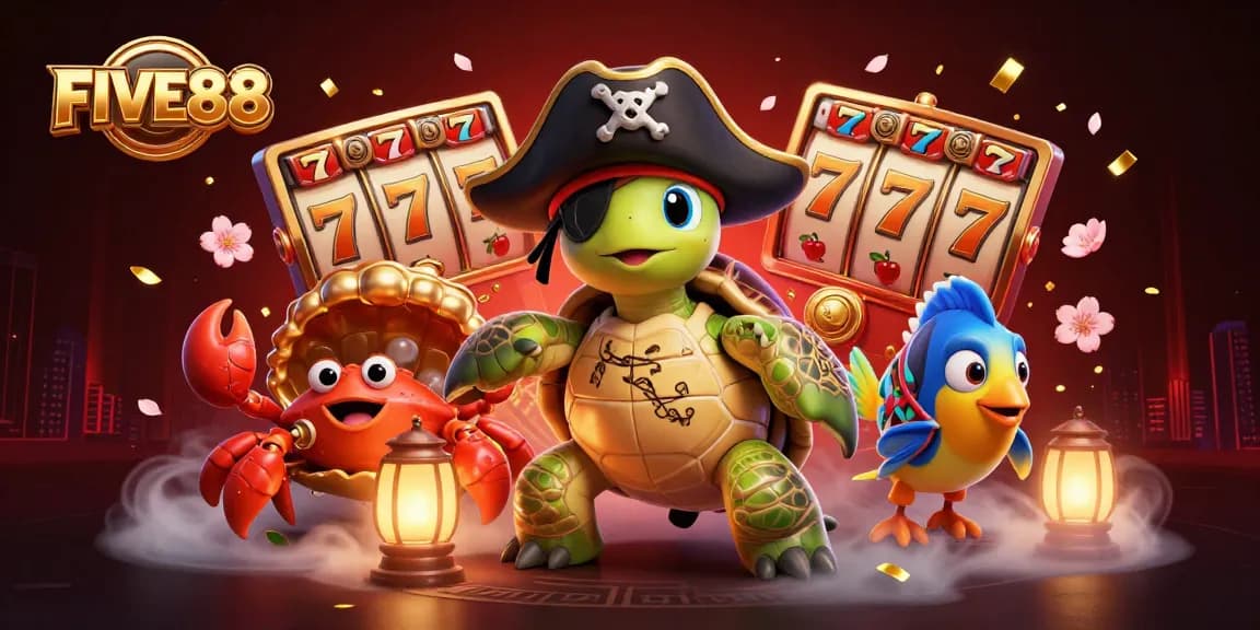 Experience thrilling slots at FIVE88 with a vibrant casino scene featuring colorful game elements.