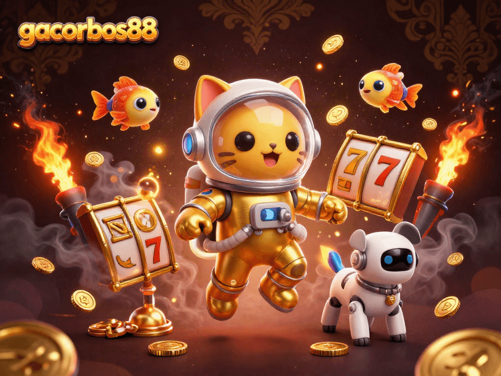 Experience thrilling gameplay with gacorbos88 as a golden astronaut cat and robot dog navigate through a cosmic slot adventure.