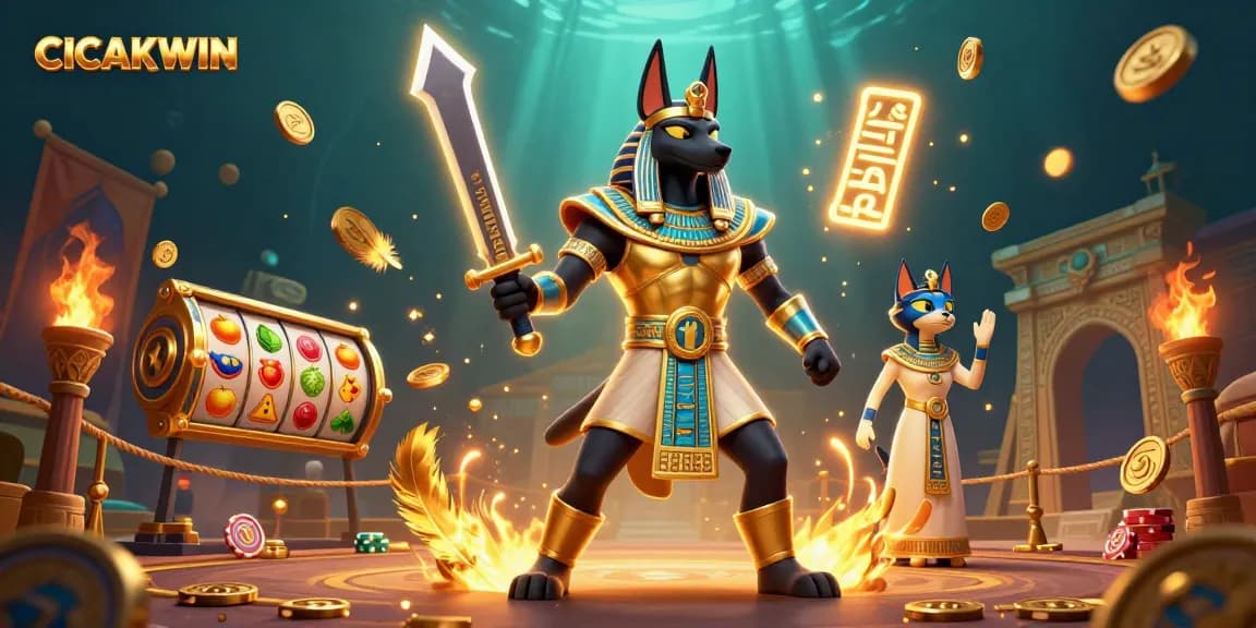 CICAKWIN casino scene featuring Anubis and Bastet amidst lively slot reels and gold coins.