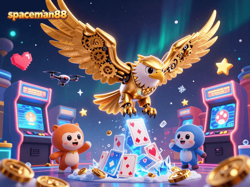 Play slots and win big with spaceman88 in this vibrant casino-themed illustration.