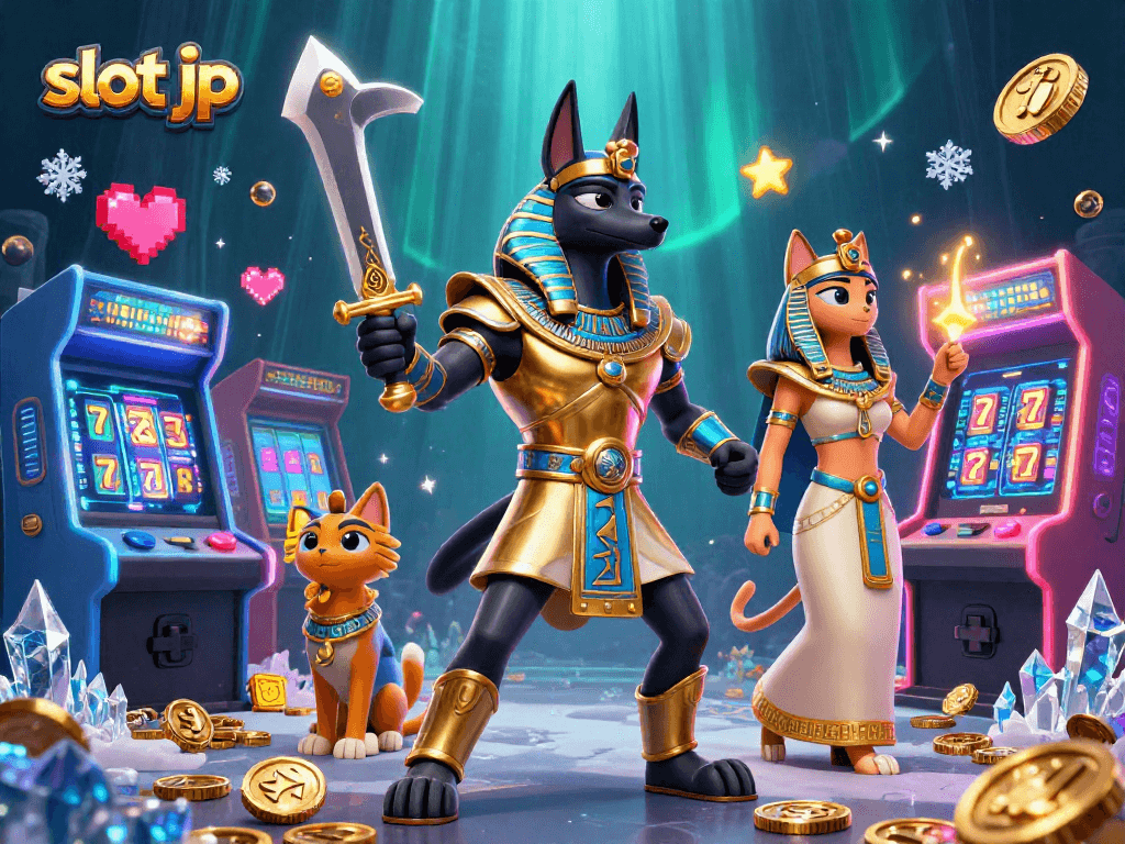 Experience the thrill of slot jp with ancient Egyptian warriors amidst vibrant casino elements.