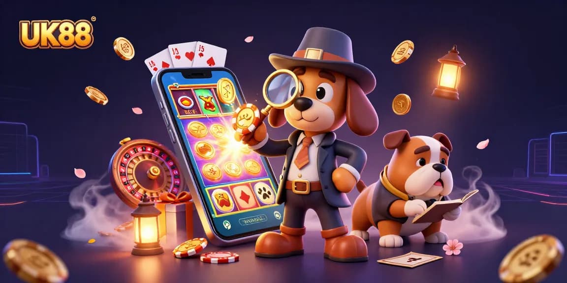 UK88 players spin the reels while a detective uncovers hidden gambling treasures.