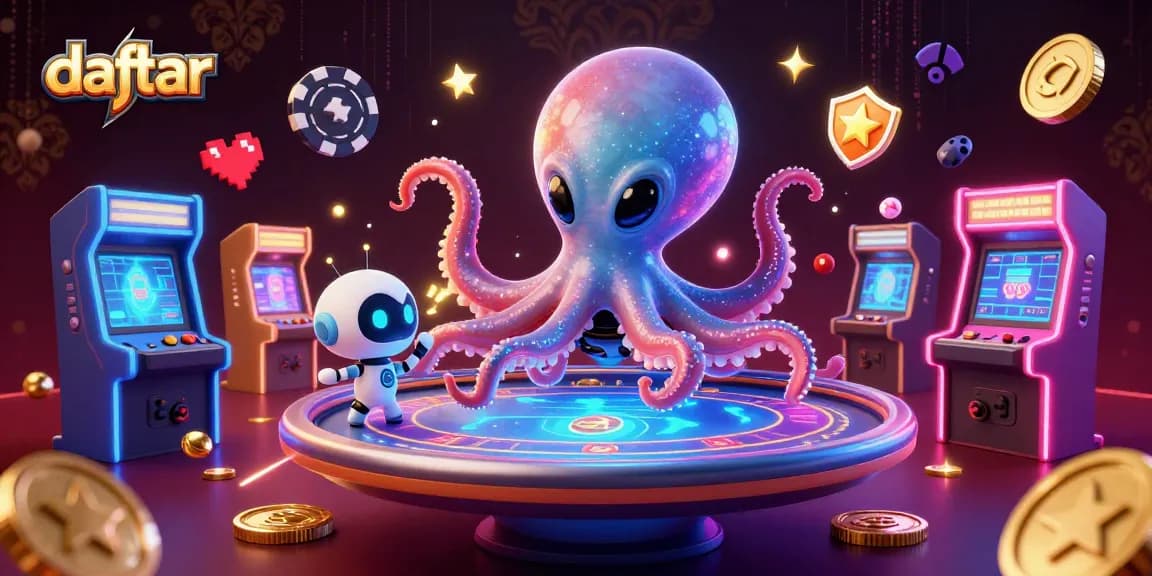Daftar permainan kasino yang menarik dengan alien dan robot dalam ilustrasi 3D yang memikat.