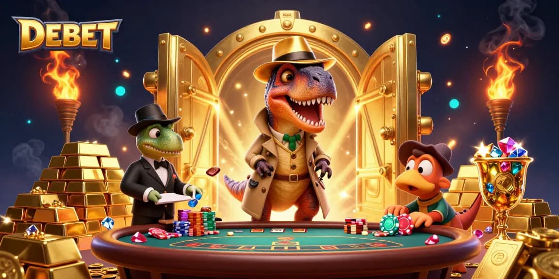 DEBET showcases a 3D velociraptor card counter in a casino scene filled with treasures.