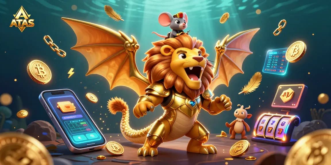 Engage with ATAS in a thrilling gaming adventure featuring a chimera, crypto coins, and casino elements.