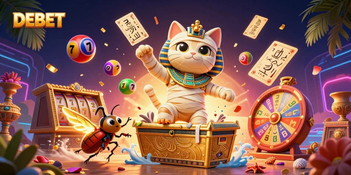 Engage with DEBET’s thrilling casino experience featuring lively characters and gaming elements.