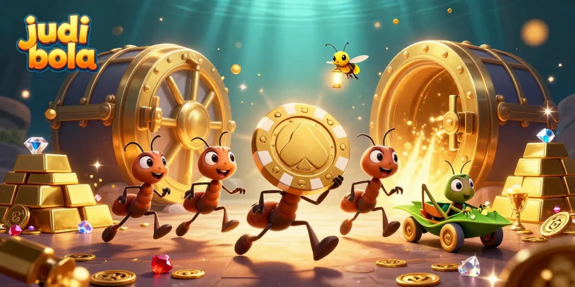 Engage in judi bola strategies as animated ants heist with treasures in a vibrant casino scene.