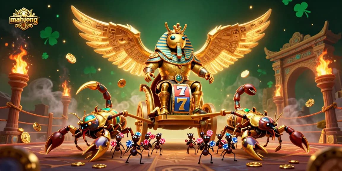 Play mahjong with a colossal scarab in a dynamic casino-themed 3D scene showcasing rich gameplay.