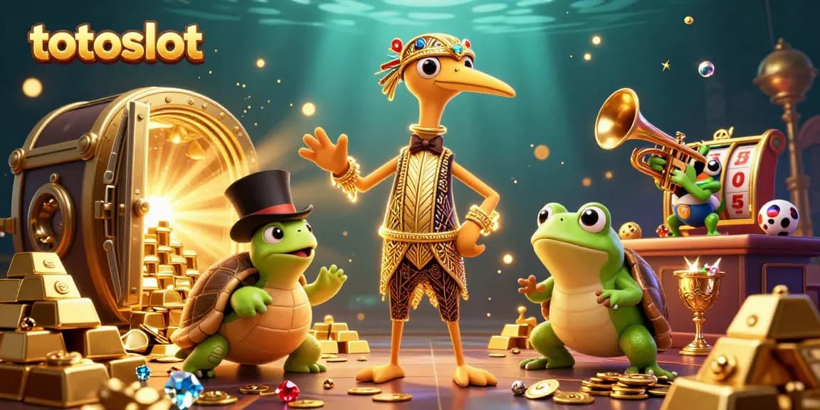 Play and win at totoslot, featuring a vibrant scene with casino characters and treasure elements.