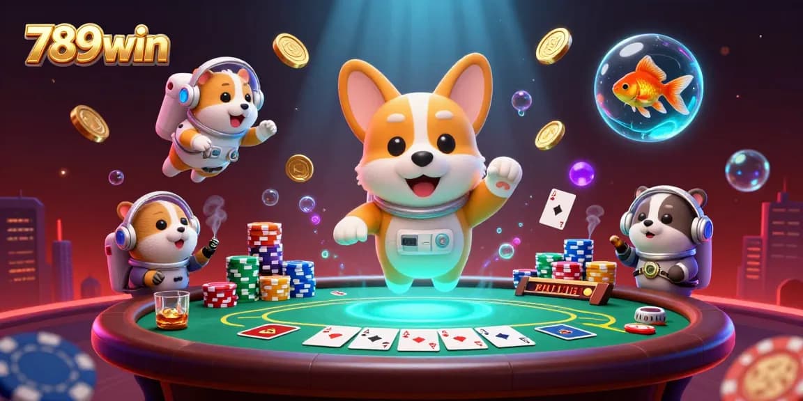 Experience thrilling gameplay at 789win with dynamic poker action surrounded by floating treasures.