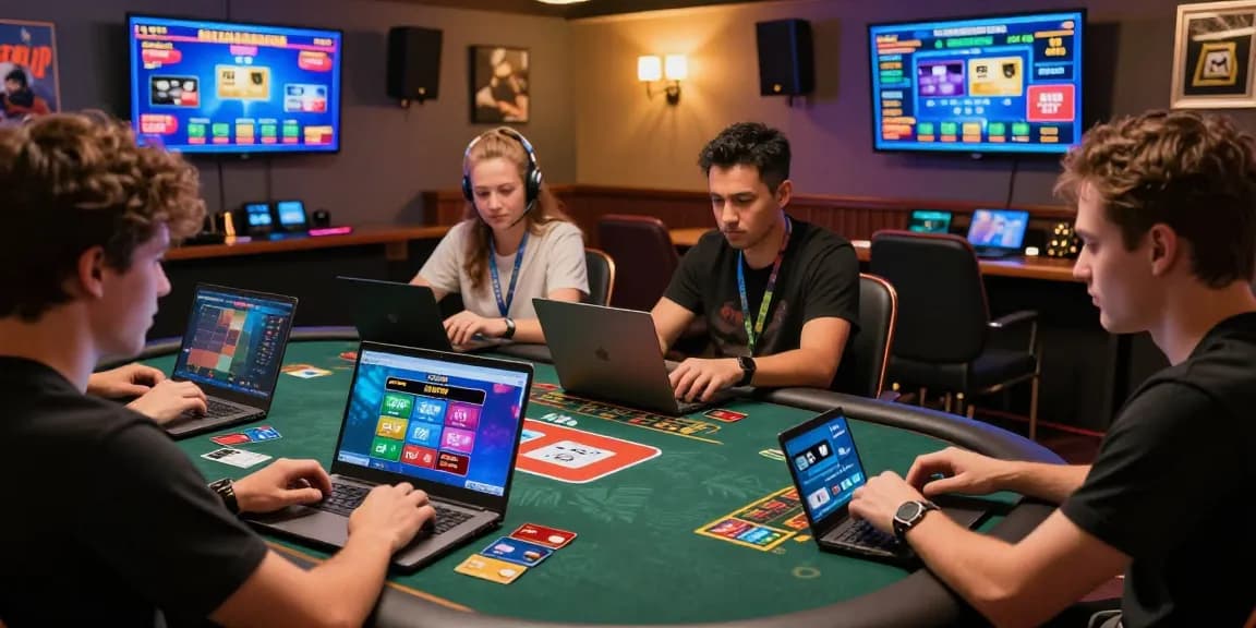Players enjoying online games at casinos that accept credit card, featuring vibrant graphics and multiple gaming devices in an engaging atmosphere.