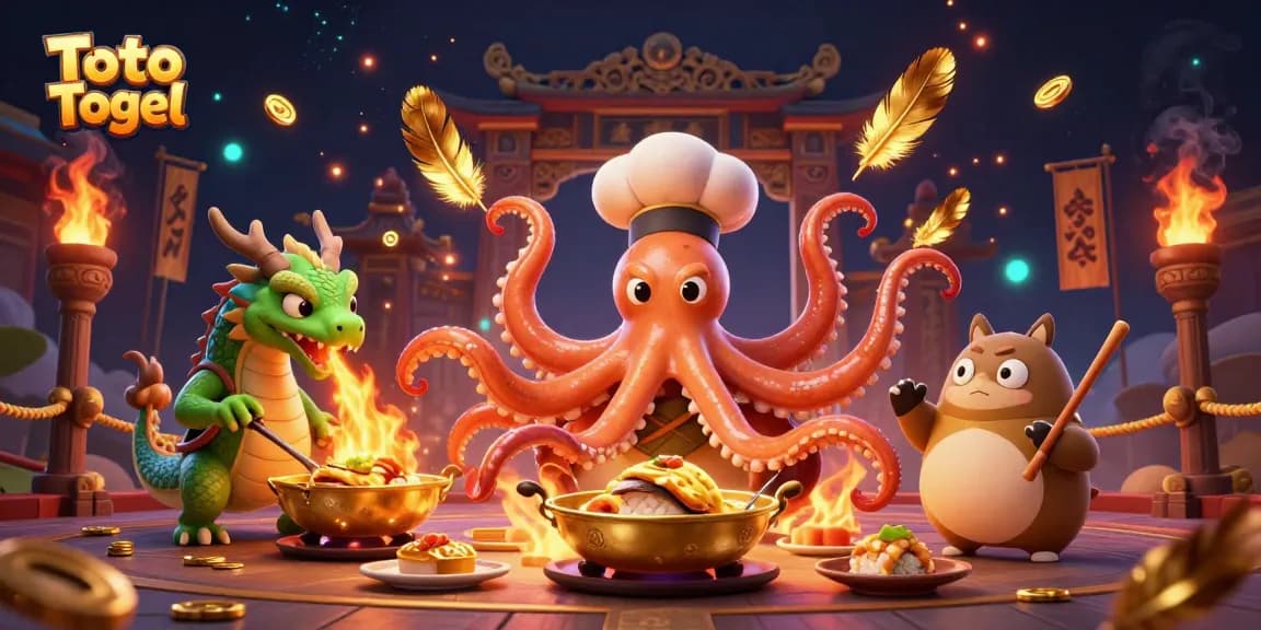 Toto Togel judi yang menarik dengan chef sushi 3D, naga hijau, dan pelanggan tanuki.