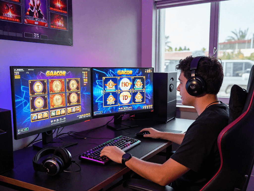 Immersive gaming setup showcasing slot gacor games on dual monitors with vibrant LED lights.