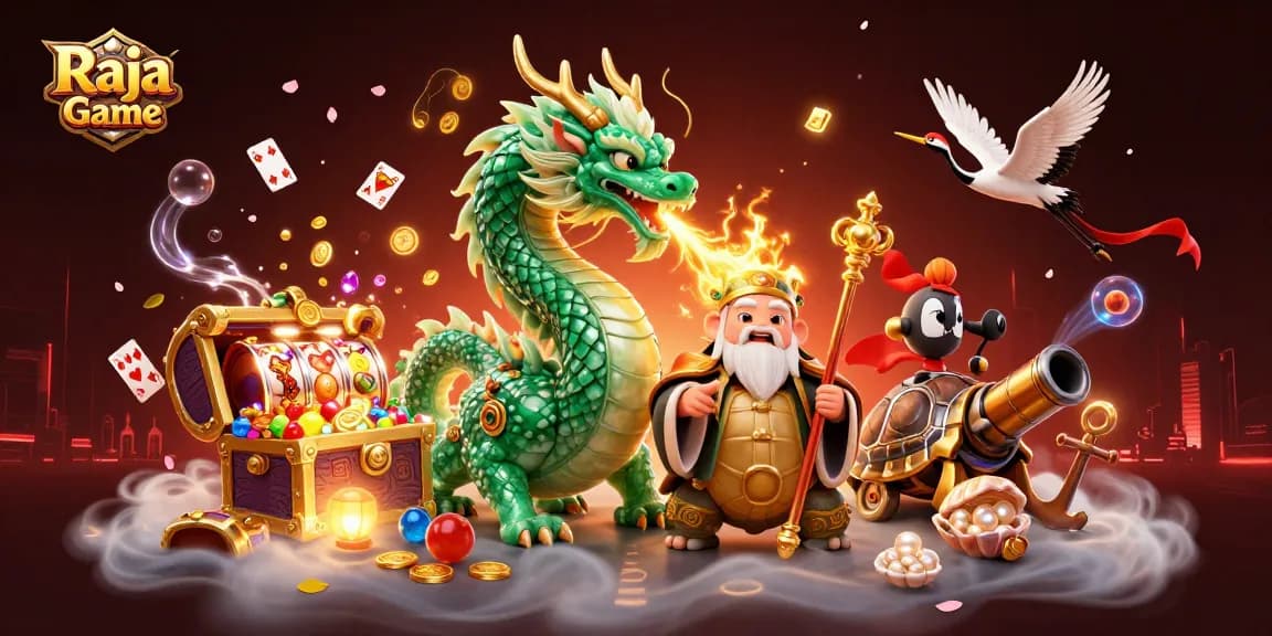 Engage in Raja Game with a vibrant casino scene featuring a jade dragon and lucky characters.