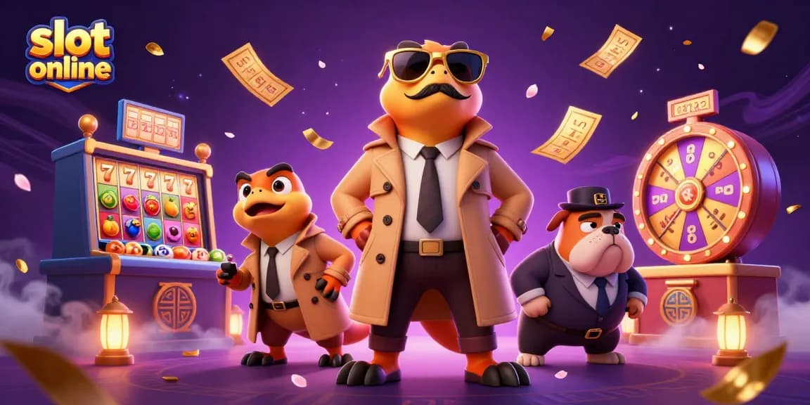 Mainan slot online dengan tiga raptor bergaya lucu mencoba memasuki kasino VIP, dikelilingi barang judi berwarna-warni.