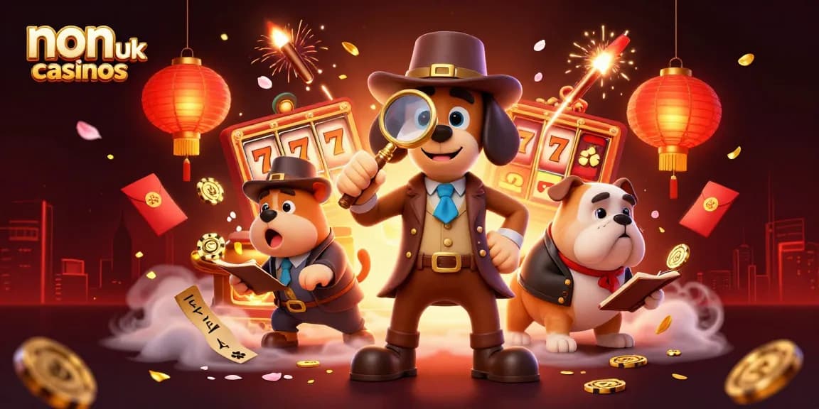 Join the excitement of non uk casinos with detectives uncovering treasure amid vibrant gaming elements.
