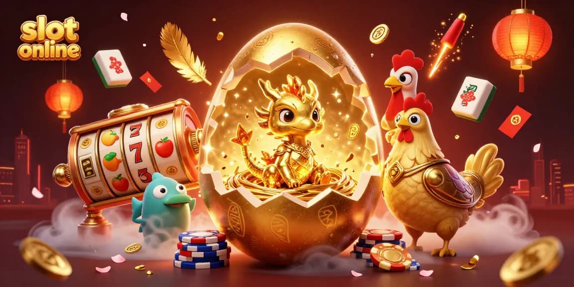 Menggandakan kesenangan slot online dengan ilustrasi detail 3D dari naga kristal emas dan chip poker.