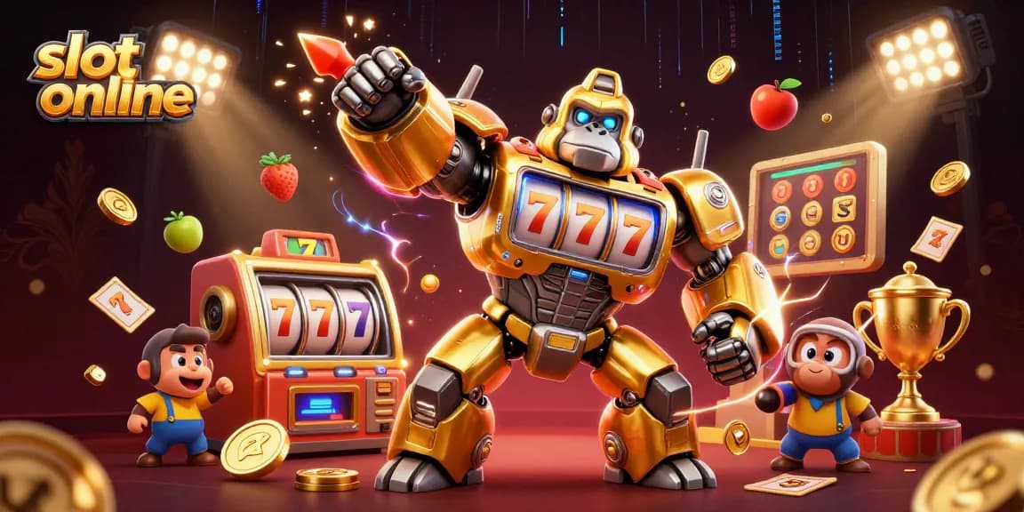 Berputar slot online dengan gorila mech emas dan simbol jackpot yang menarik.