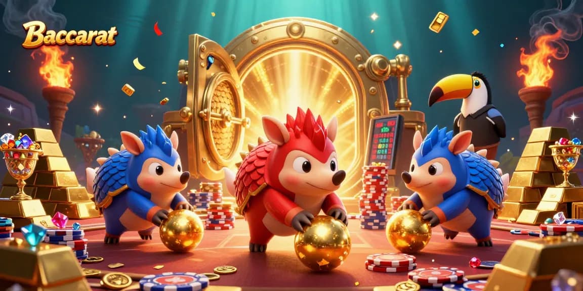 Baccarat game scene with rival pangolins bowling poker chips while a toucan referee oversees the action.