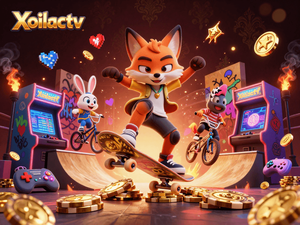 Xoilactv showcases a vibrant casino-themed scene with a skateboarder fox and BMX rabbit amidst lively gaming elements.