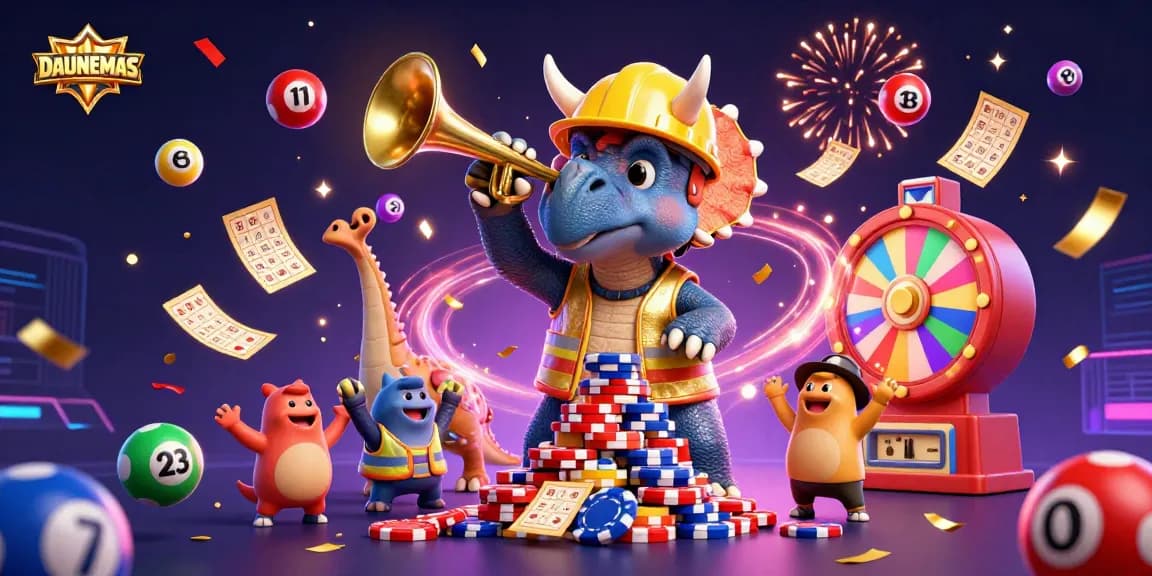 DAUNEMAS showcases a celebration of lottery games with vibrant characters and dynamic elements.