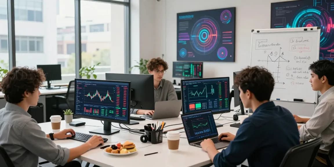 Cricbet trading professionals analyzing cryptocurrency and DeFi metrics in a collaborative co-working space.
