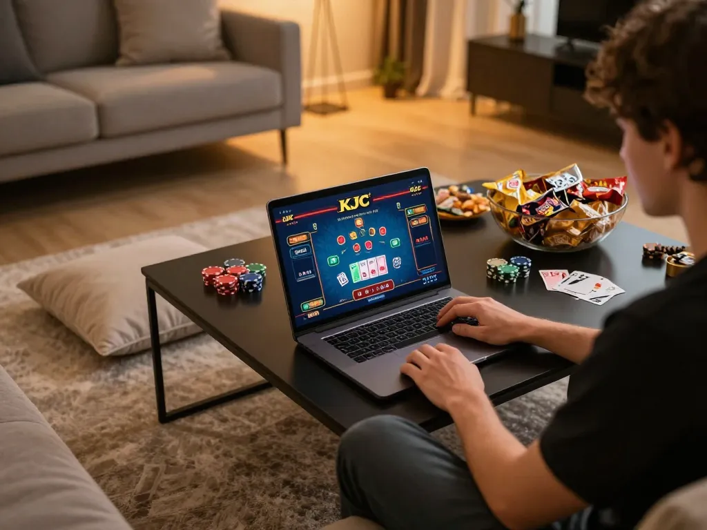 KJC online gaming experience showcasing a player enjoying poker at home.