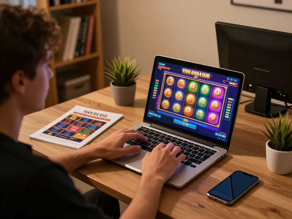 Engaging in online gambling with OKFUN on a laptop, showcasing vibrant slot game interface and strategic materials.