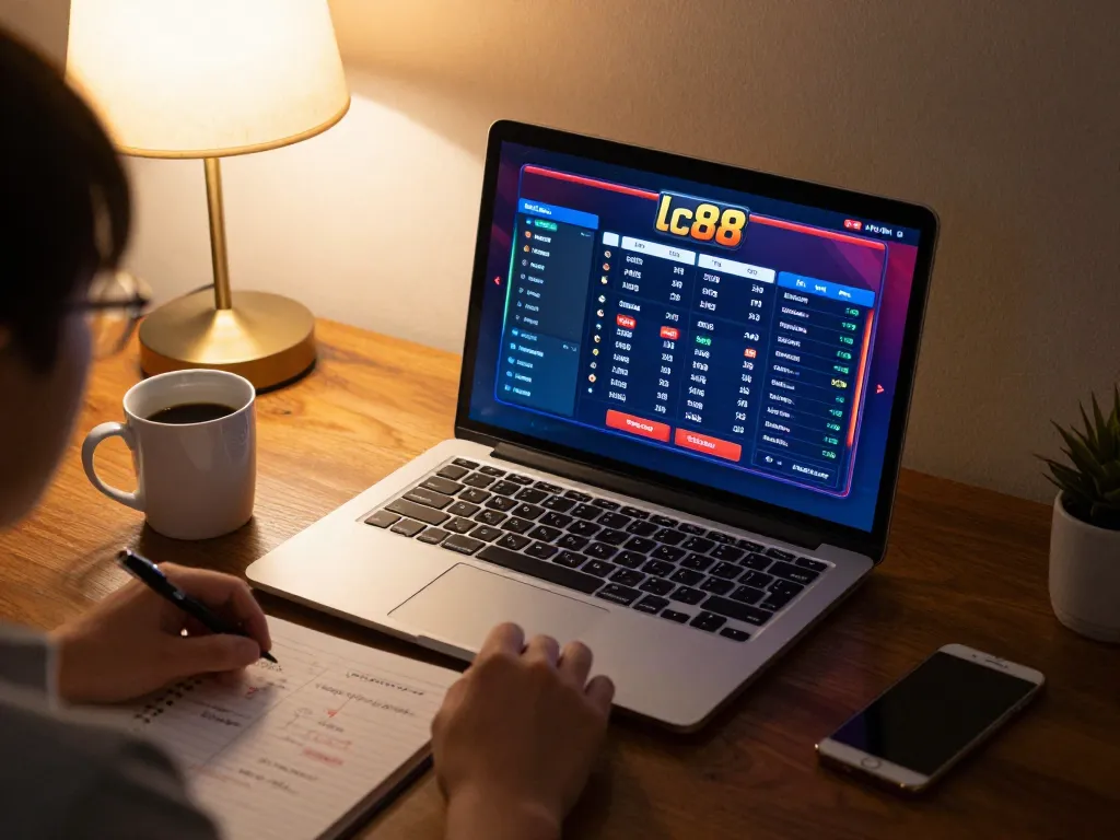 Player strategizing for lc88 casino options in a cozy home setting, highlighting online gambling engagement