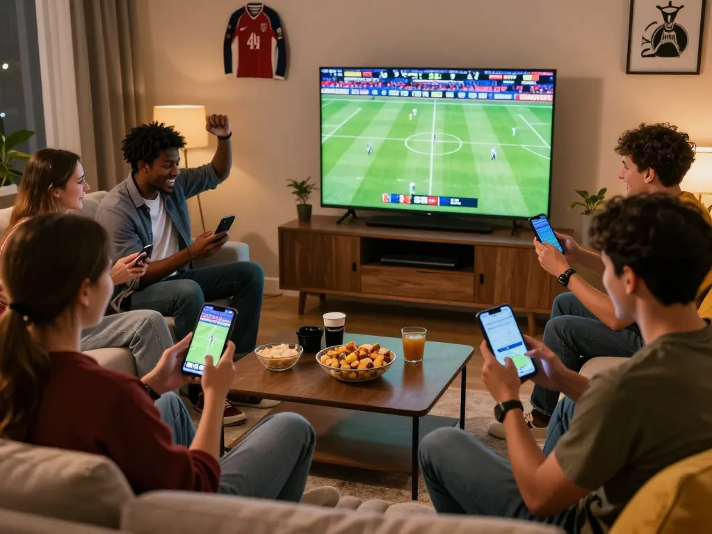 Friends enjoying SBOBET sports betting together in a cozy living room
