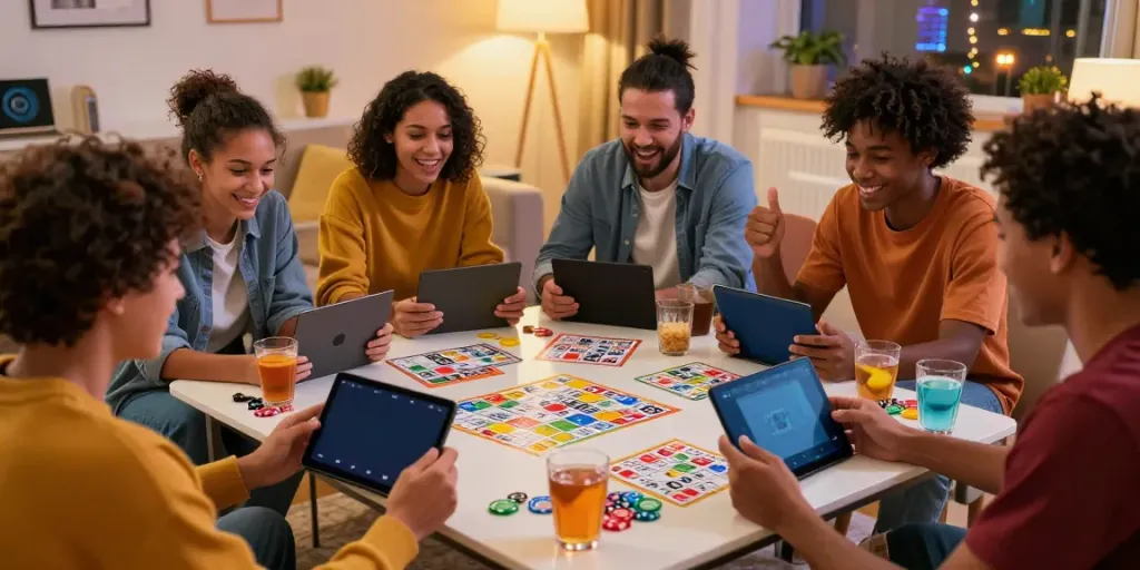 Friends enjoying Bingo 101 on smartphones during a lively game night.
