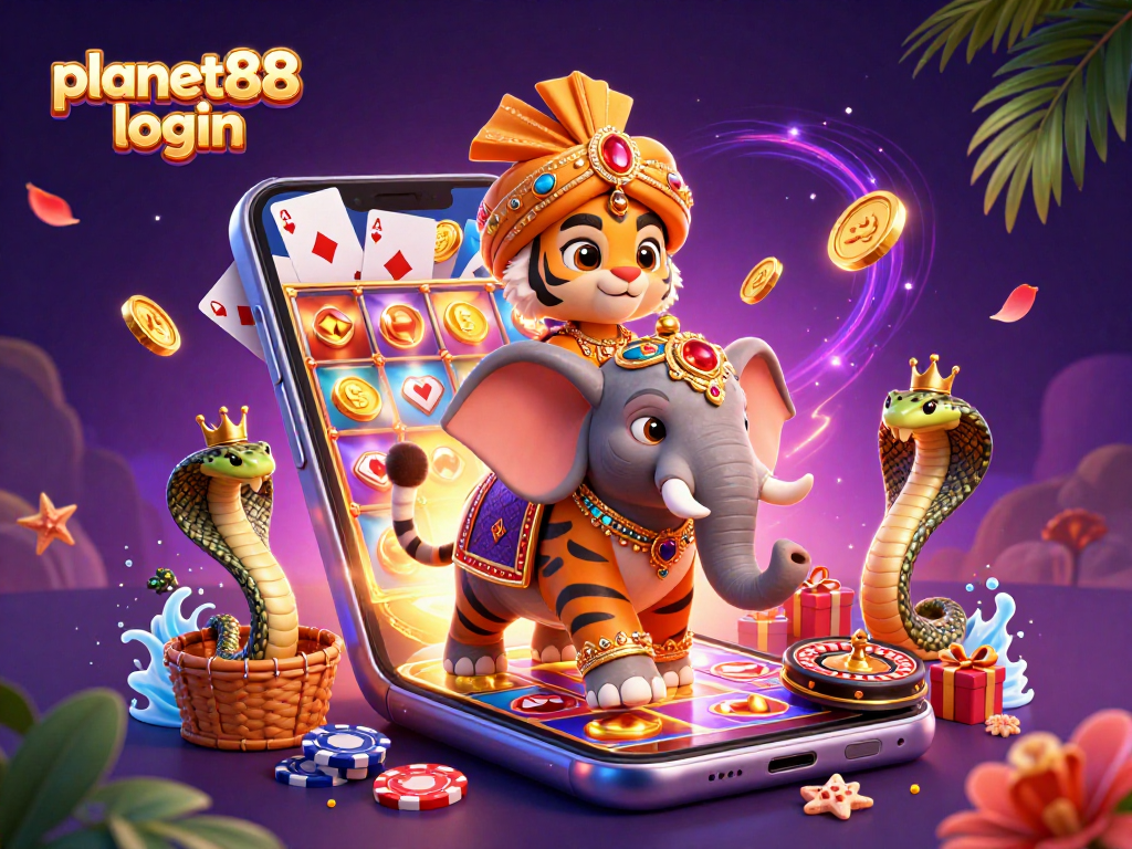 Join the excitement with planet88 login featuring a vibrant 3D cartoon casino scene filled with slots and treasures.