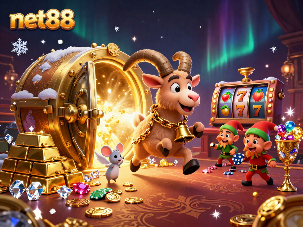 Experience the excitement of net88 with Krampus, angel mouse, and elf gremlins in a thrilling casino scene.