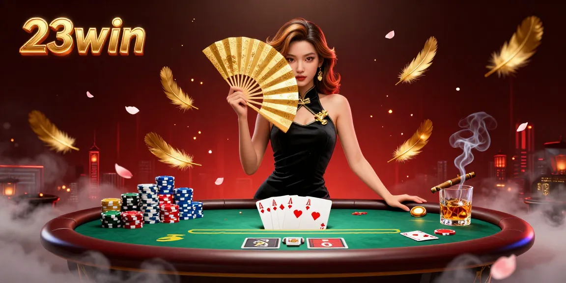 Engage in thrilling poker action at 23win with a stunning 3D illustration of a casino setting featuring vibrant game elements.