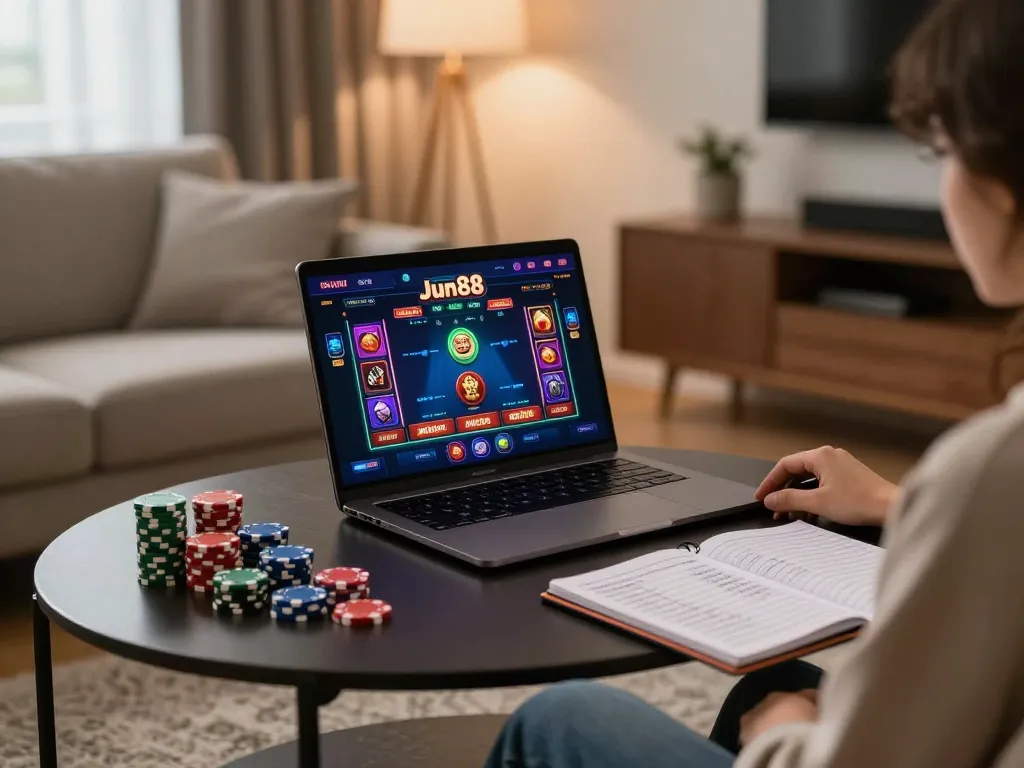 Engaging gameplay on Jun88's online casino platform, showcasing vibrant game graphics and a cozy environment.