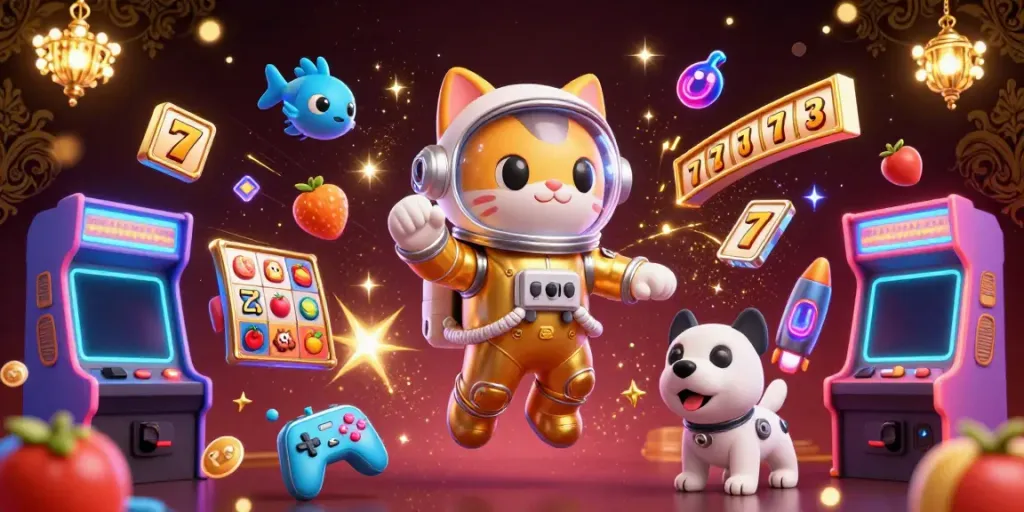 Menangkan jackpot di situs slot gacor dengan ilustrasi 3D yang menampilkan karakter kasino dan mesin slot bertema luar angkasa.