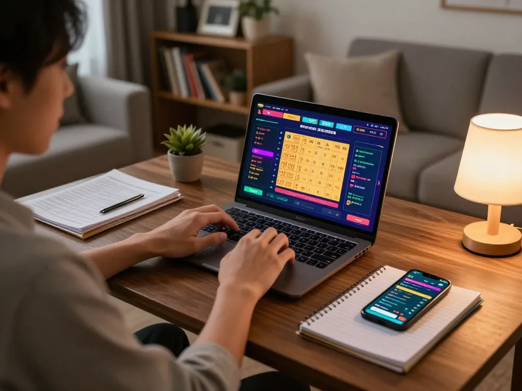 Engaging in toto togel gameplay on a laptop at home while analyzing betting strategies.