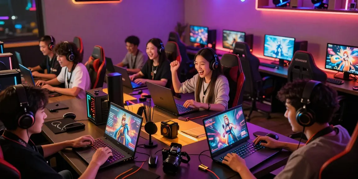 Enthusiastic players immersed in hentai games in a lively gaming lounge.