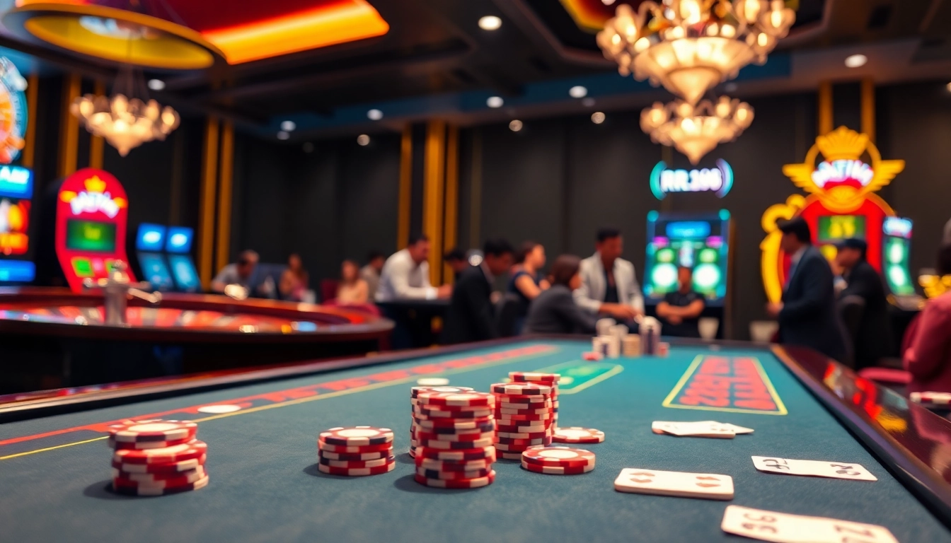 RR88 players enjoying a vibrant and luxurious casino atmosphere with poker games and roulette.