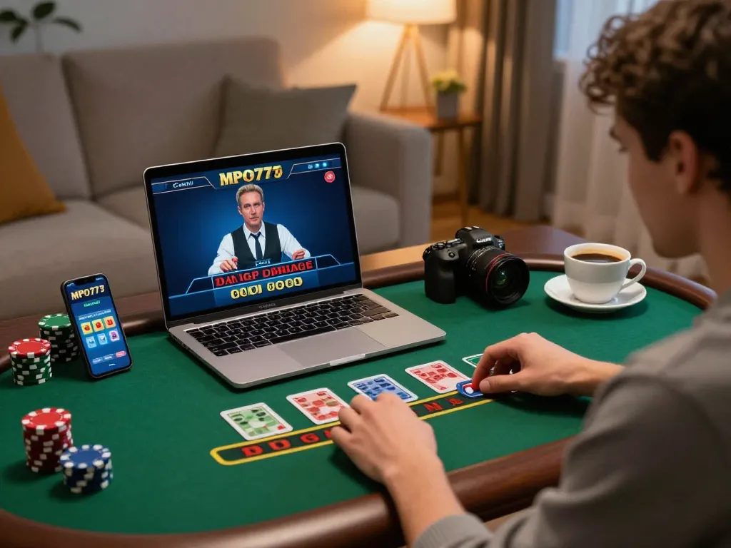 Pemain MPO777 terlibat dalam permainan blackjack dealer langsung dengan laptop dan smartphone dalam suasana rumah yang nyaman.